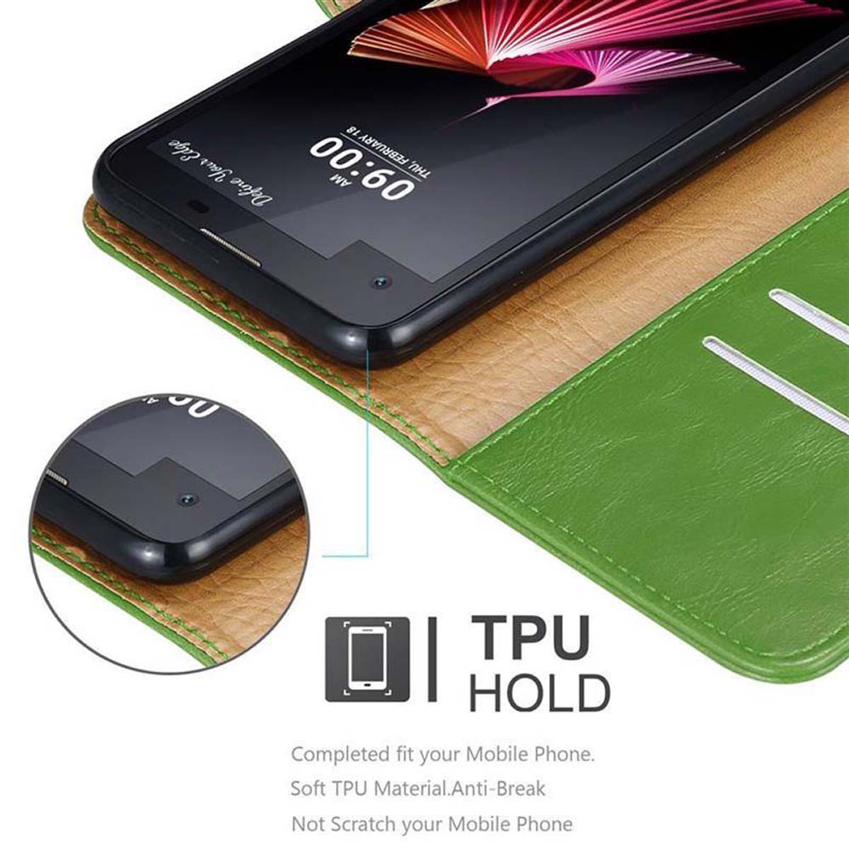 Handyhülle mit Telefon, grün und schwarz, mit Text und Kreisdetail, weißer Hintergrund.