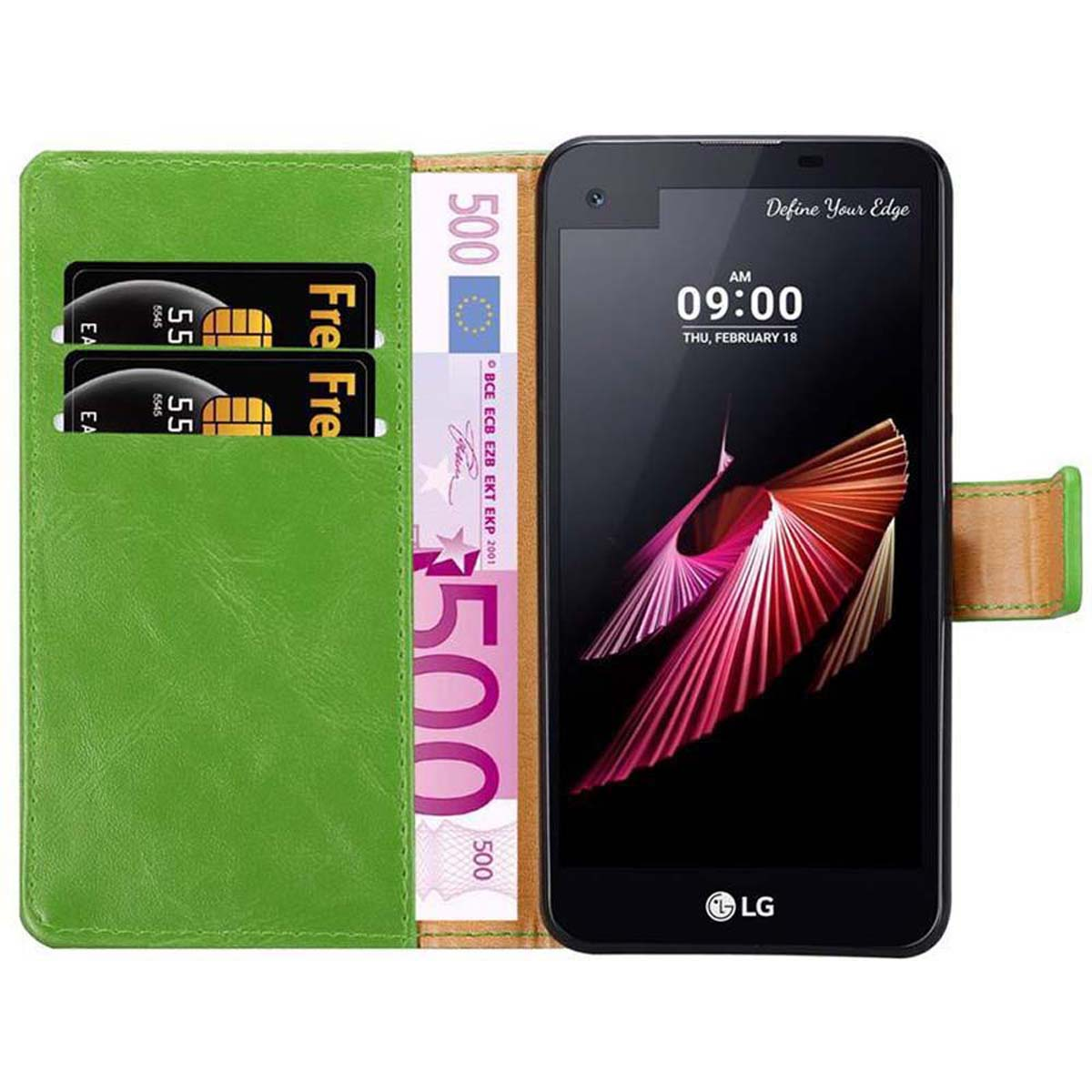 Grüne Handyhülle mit Karten und Geld darin. Die Hülle enthält zwei Karten und einen 500-Euro-Schein. Das Telefon zeigt das LG-Logo.