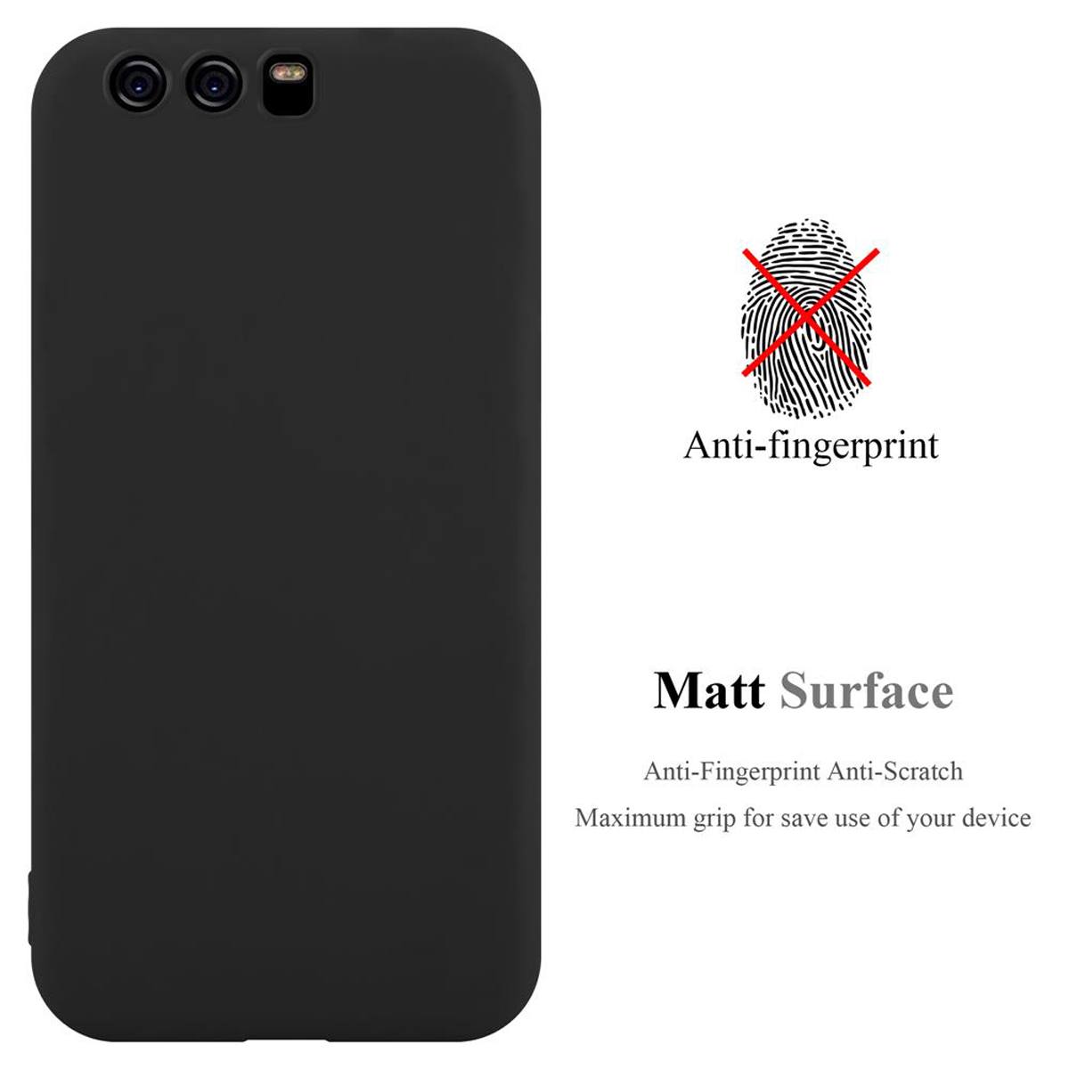 Una funda de teléfono negra con tres lentes de cámara, el texto dice 'Matt Surface' y 'Anti-huellas, Anti-arañazos'.