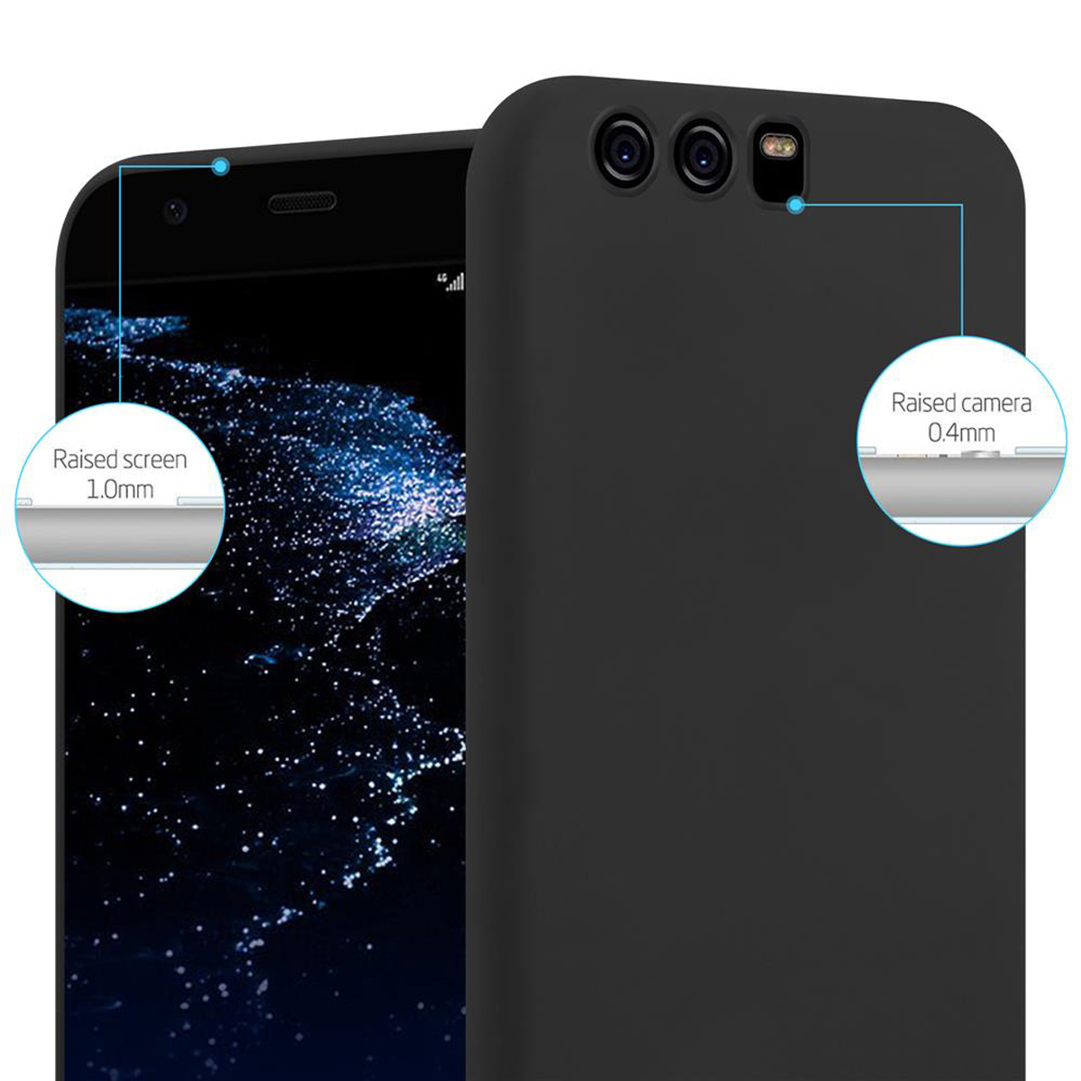 Dos teléfonos: uno con funda negra y el otro con pantalla negra. Se muestran las palabras 'Cámara elevada 0,4 mm'.