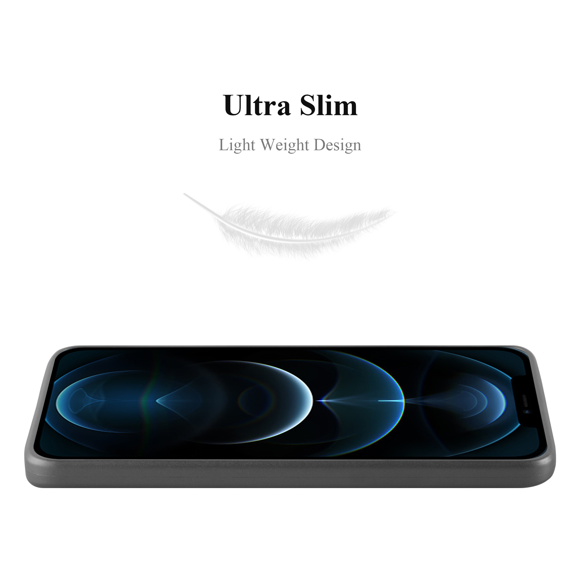 Una custodia per telefono su sfondo bianco. Il testo dice: Ultra Sottile, Design Leggero.