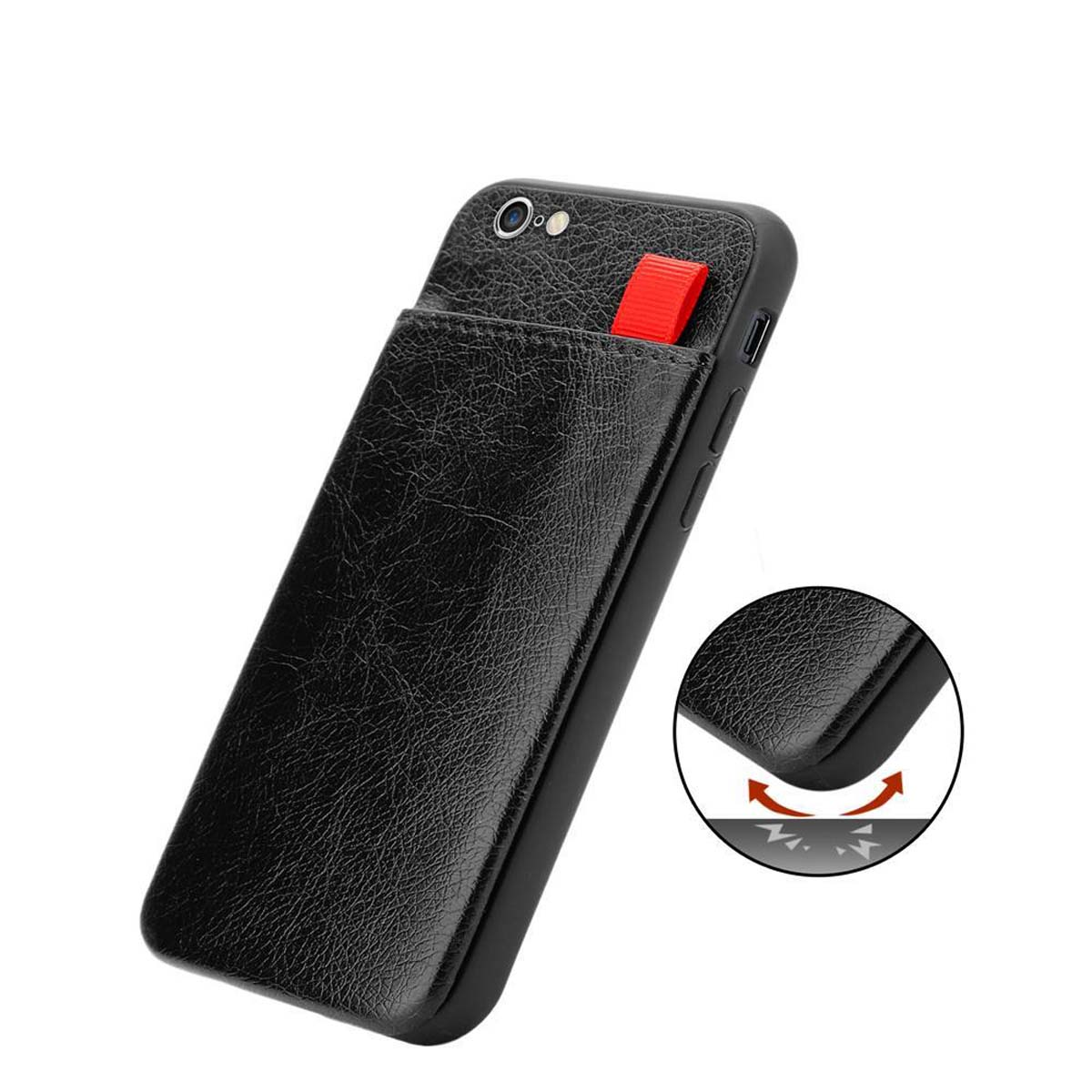 Schwarze Handyhülle mit Kartenhalter und roter Lasche. Nahaufnahme, schräge Ansicht.
