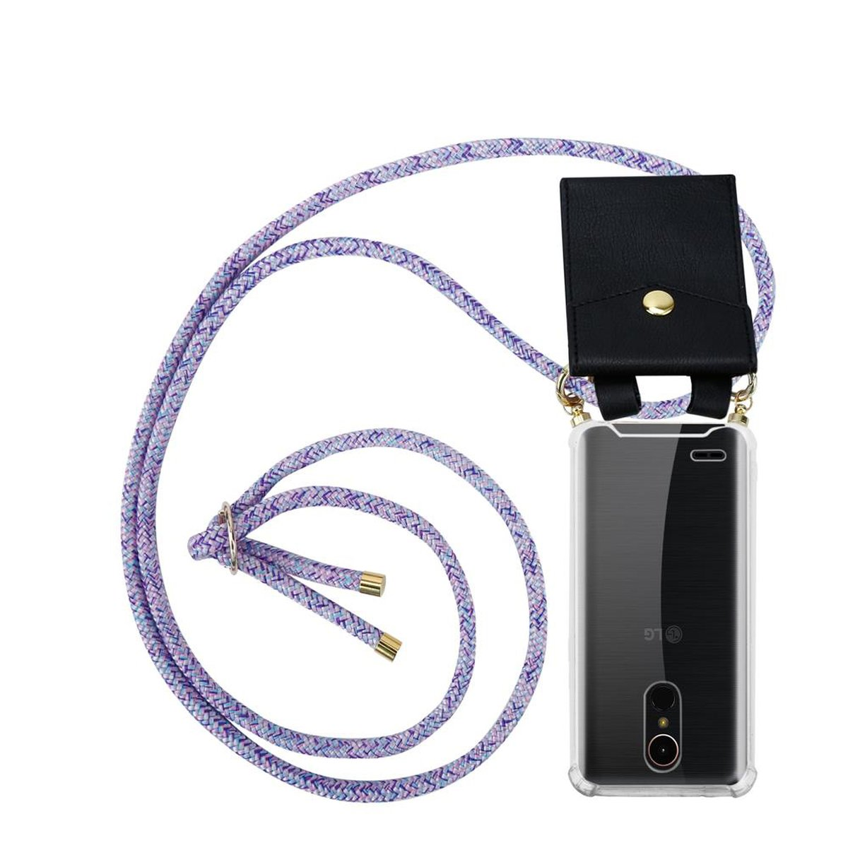 Handyhülle mit lila Seilband. Das Telefon ist ein LG. Schwarzes Gehäuse mit goldenen Akzenten.