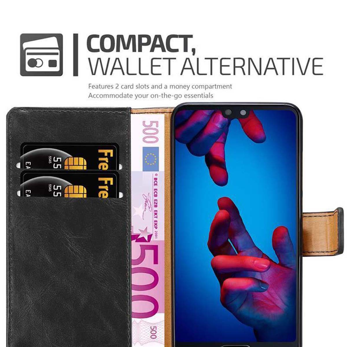Telefono e portafoglio con carte e banconota da 500 euro. Testo: Compatto, Alternativa portafoglio, 2 scomparti per carte.