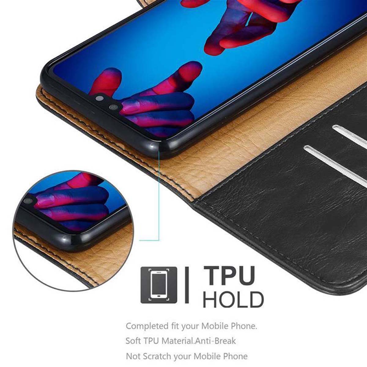 Custodia per telefono nera con testo TPU HOLD e un'illustrazione. Texture marrone e nera.