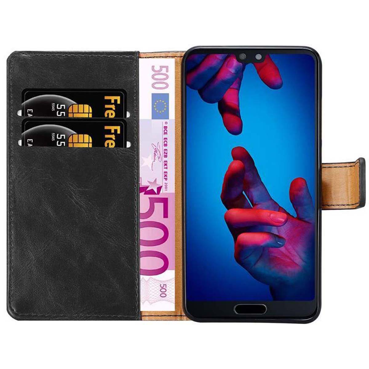 Custodia nera per telefono con carte e denaro visibili. Telefono visualizzato sul lato destro.