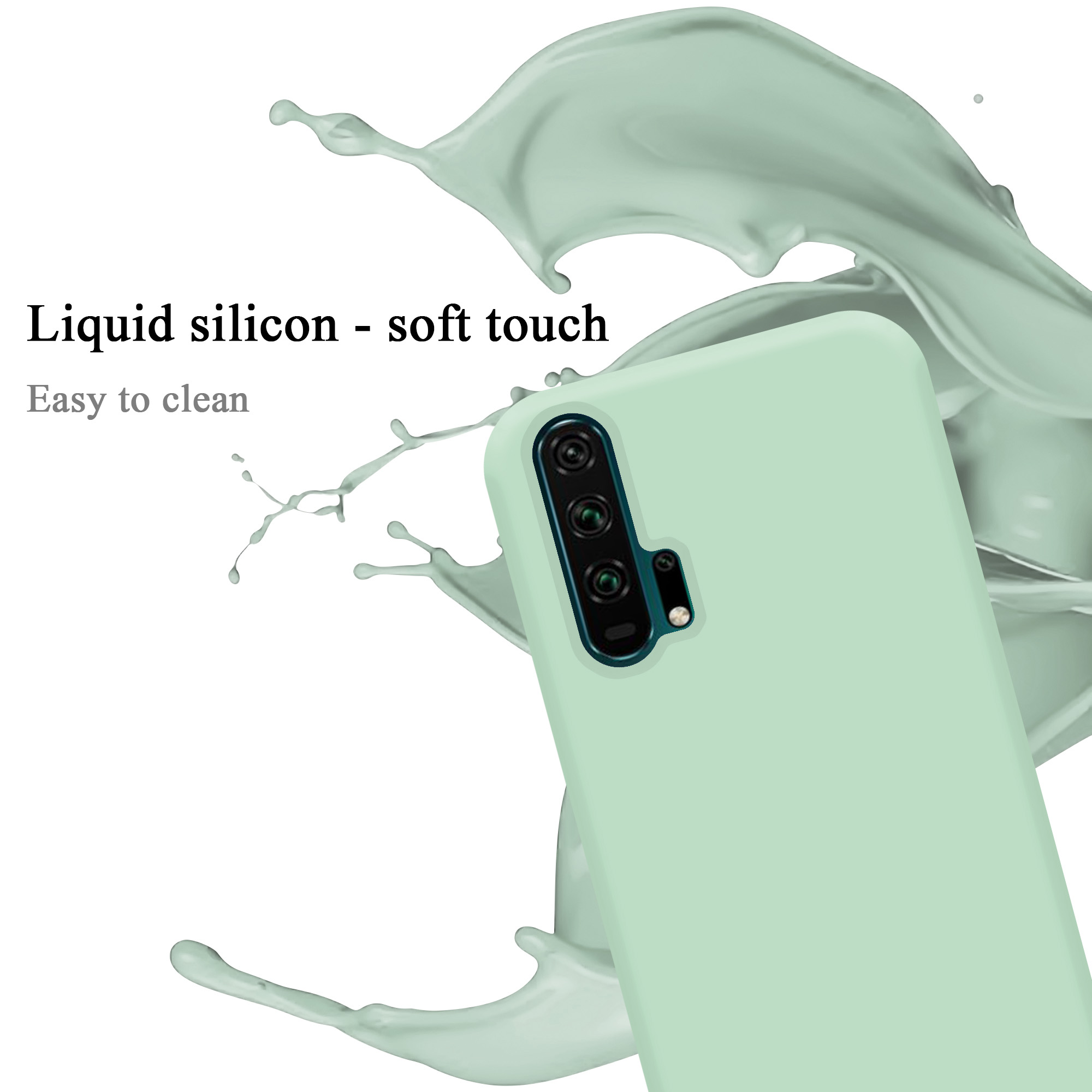 Mintgrüne Handyhülle. Ein Spritzer Flüssigkeit ist hinter dem Telefon zu sehen. Die Hülle hat Kameraöffnungen.