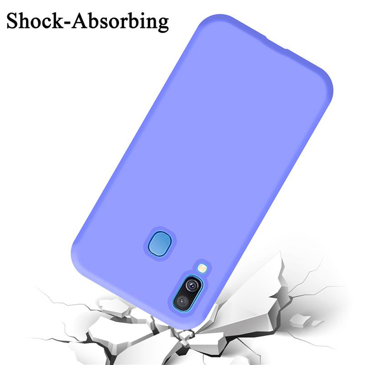 Una custodia blu per telefono è su una superficie bianca. Ha una fotocamera e si è incrinata mentre cade.