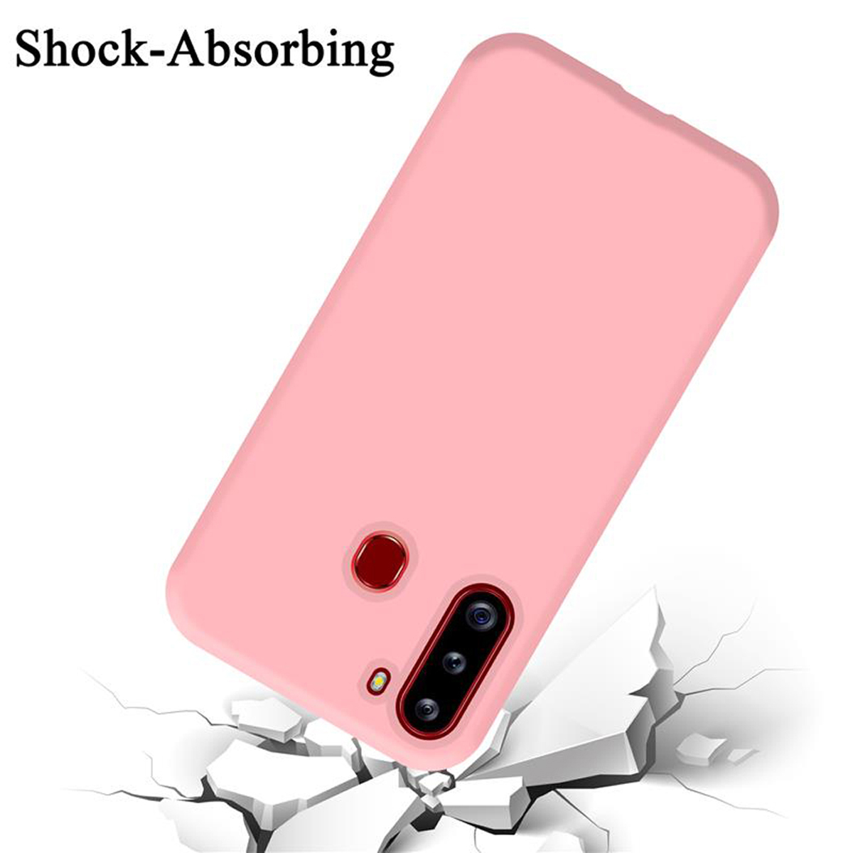 Eine rosa Handyhülle fällt, und der Bildschirm ist abgewandt. Der Text lautet: Stoßdämpfend.