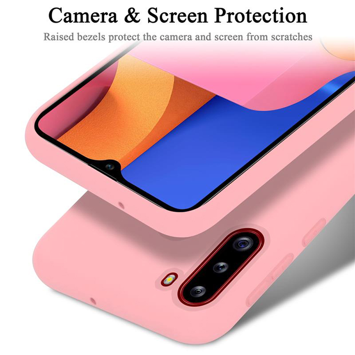 Rosa Handyhülle mit Telefon. Text: Kamera- und Bildschirmschutz, Erhöhte Blenden schützen Kamera und Bildschirm.