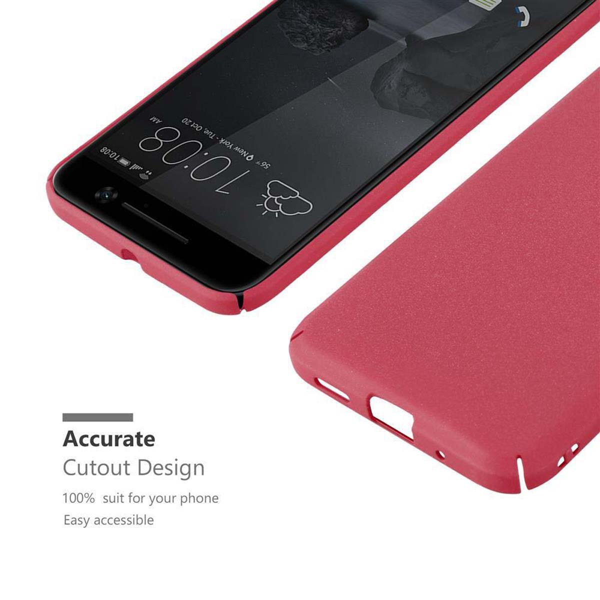 Ein rotes Telefon und eine Hülle sind abgebildet. Das Telefon zeigt die Uhrzeit an. Die Hülle ist rechts.
