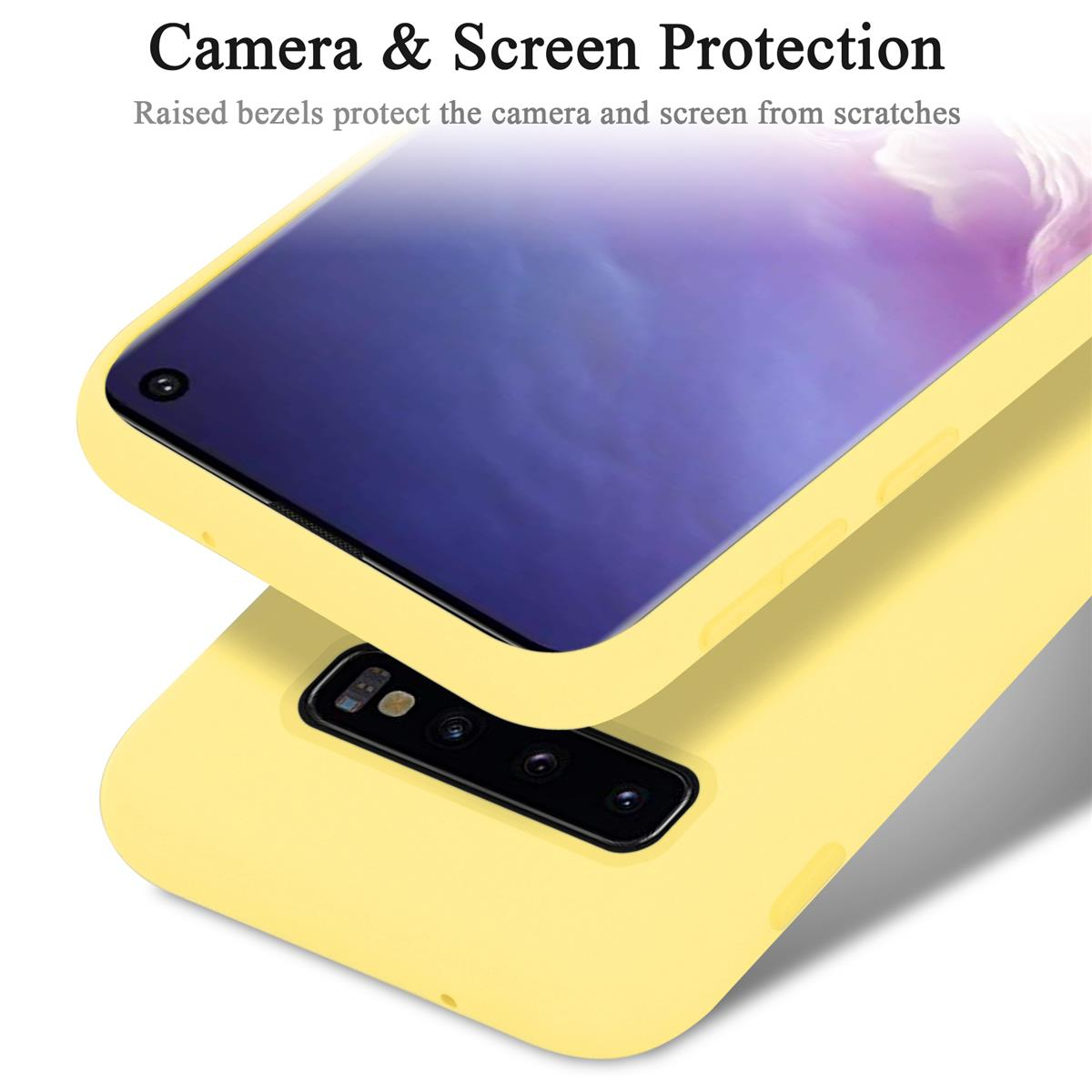 Gelbe Handyhülle auf einem Telefon, mit sichtbarem Bildschirm und Kamera.