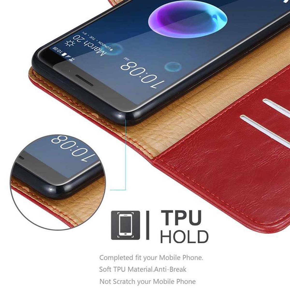 Un telefono in una custodia rossa è in mostra. I dettagli mostrano lo schermo e la fotocamera del telefono. Il testo dice “TPU HOLD”.