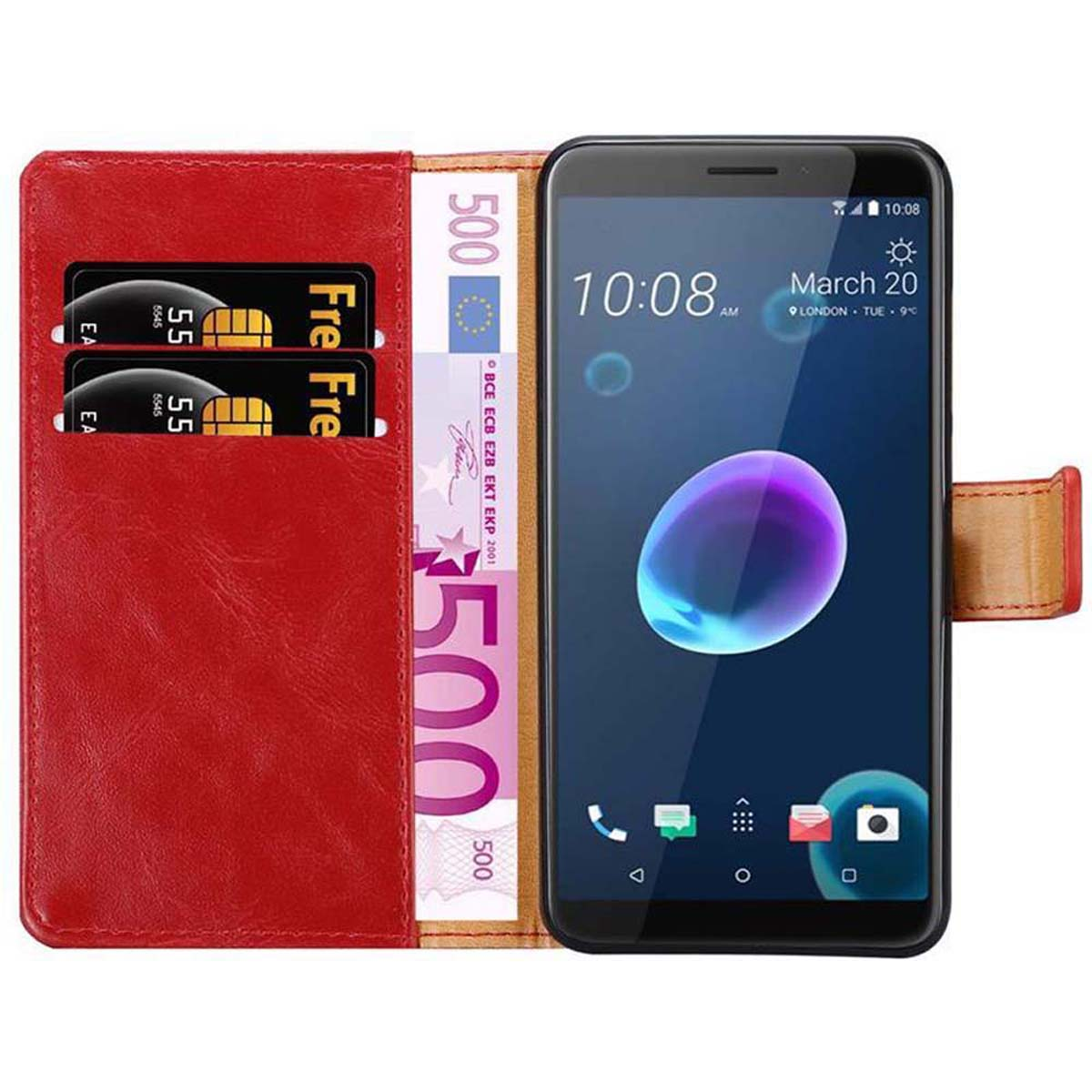 Un telefono in un portafoglio rosso, con carte di credito e una banconota da 500 euro. L'ora è 10:08.