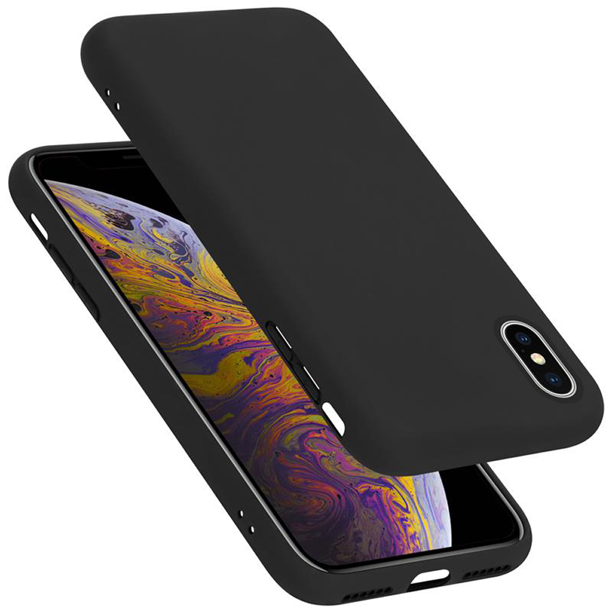 Schwarze Handyhülle über dem Telefon. Telefon zeigt einen mehrfarbigen Hintergrund.
