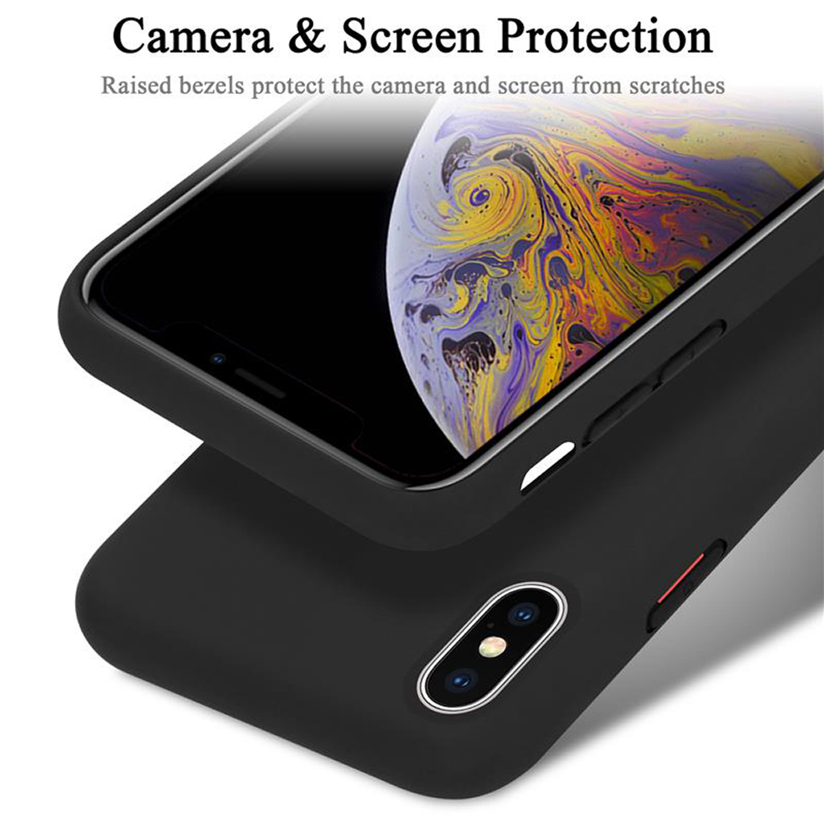 Zwei schwarze Handyhüllen, eine mit Telefon und Text zum Bildschirmschutz.