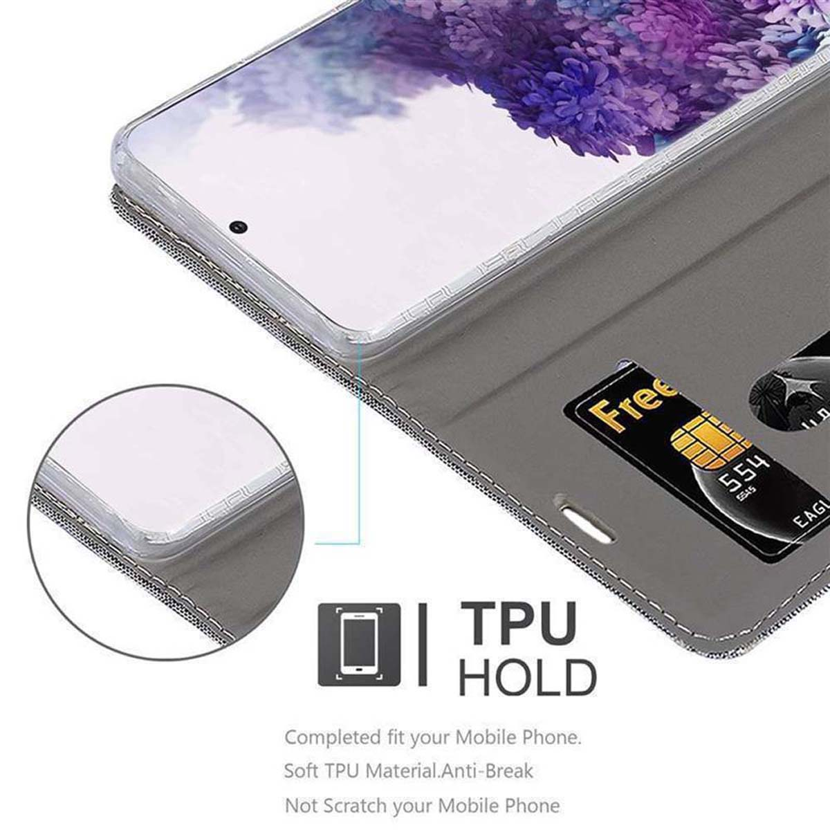 Handyhülle mit Kartenfach, unten steht "TPU HOLD".