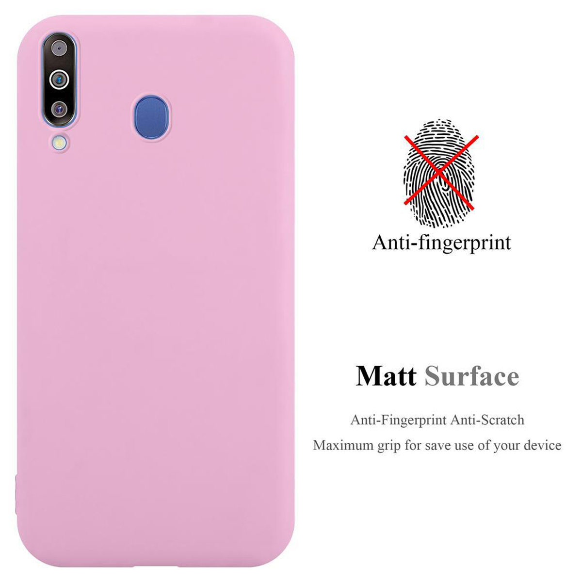 Una custodia per telefono rosa. Il testo dice 'Anti-impronte' e 'Superficie opaca'.