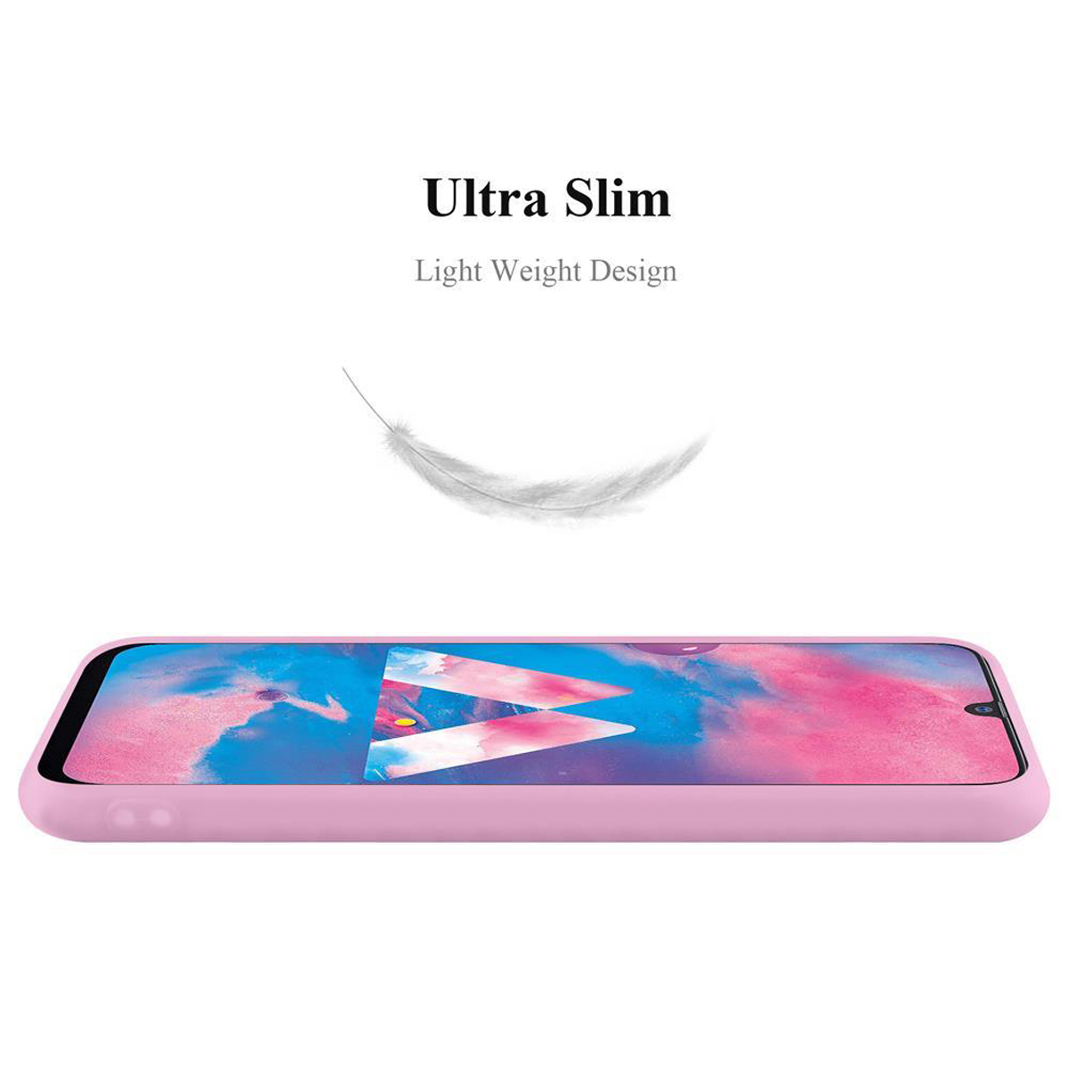 Una custodia per telefono rosa, piatta, con le parole 'Ultra Slim' sopra una grafica di piume.