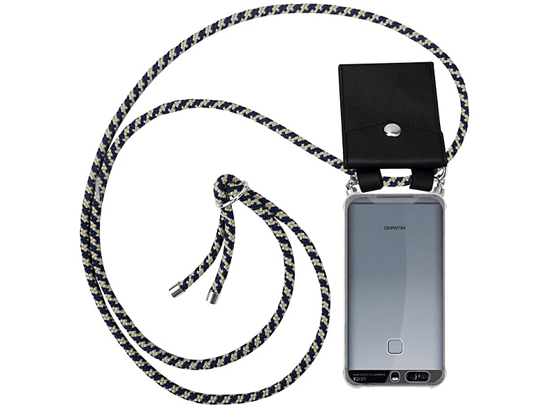 CADORABO Handy Kette mit Huawei, Backcover, Band GELB DUNKELBLAU Silber Hülle, abnehmbarer Kordel P9, Ringen, und