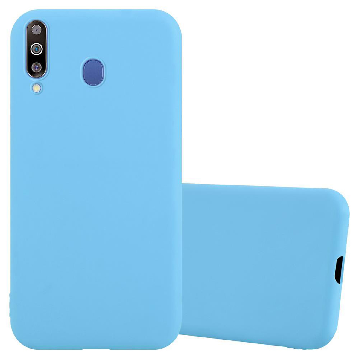 Due custodie per telefono azzurre, una con lenti della fotocamera, una senza.