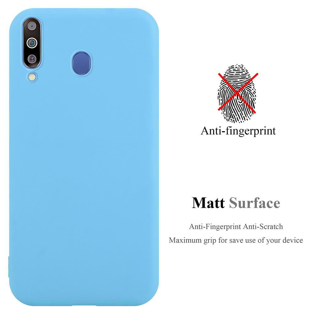 Custodia per telefono azzurra con caratteristiche anti-impronta e superficie opaca, e icona impronta digitale.