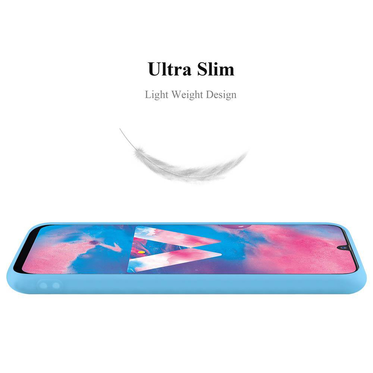 Custodia per telefono azzurra. L'immagine mostra la sua forma e il testo 'Ultra Slim'. Piuma leggera.