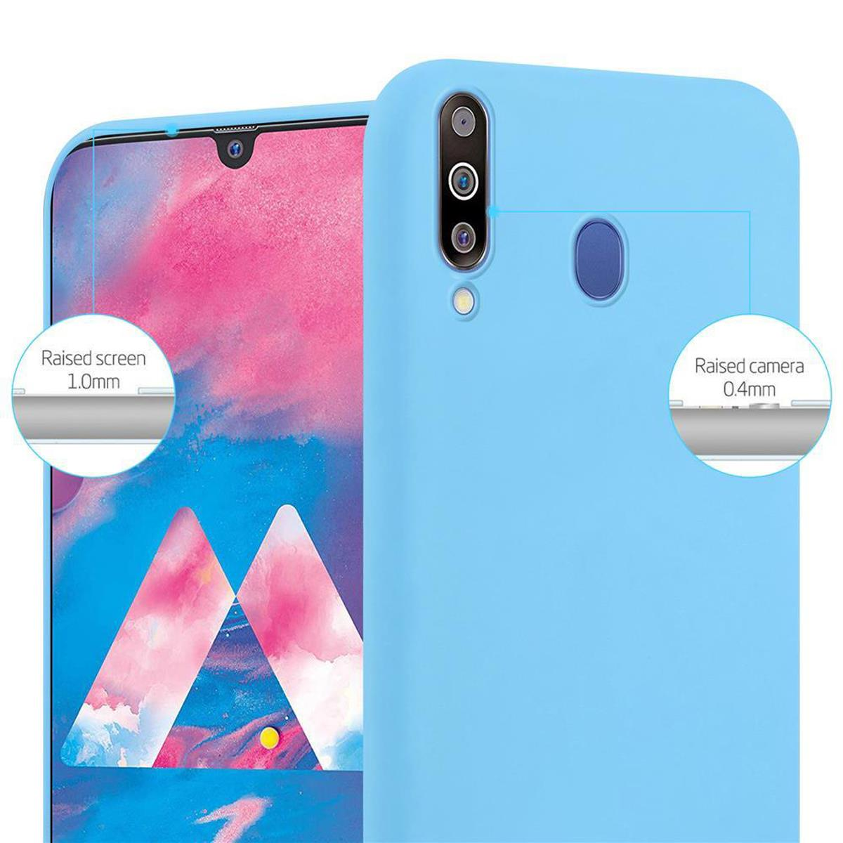 Custodia per telefono azzurra con schermo e fotocamera rialzati. I dettagli con le misure sono indicati.