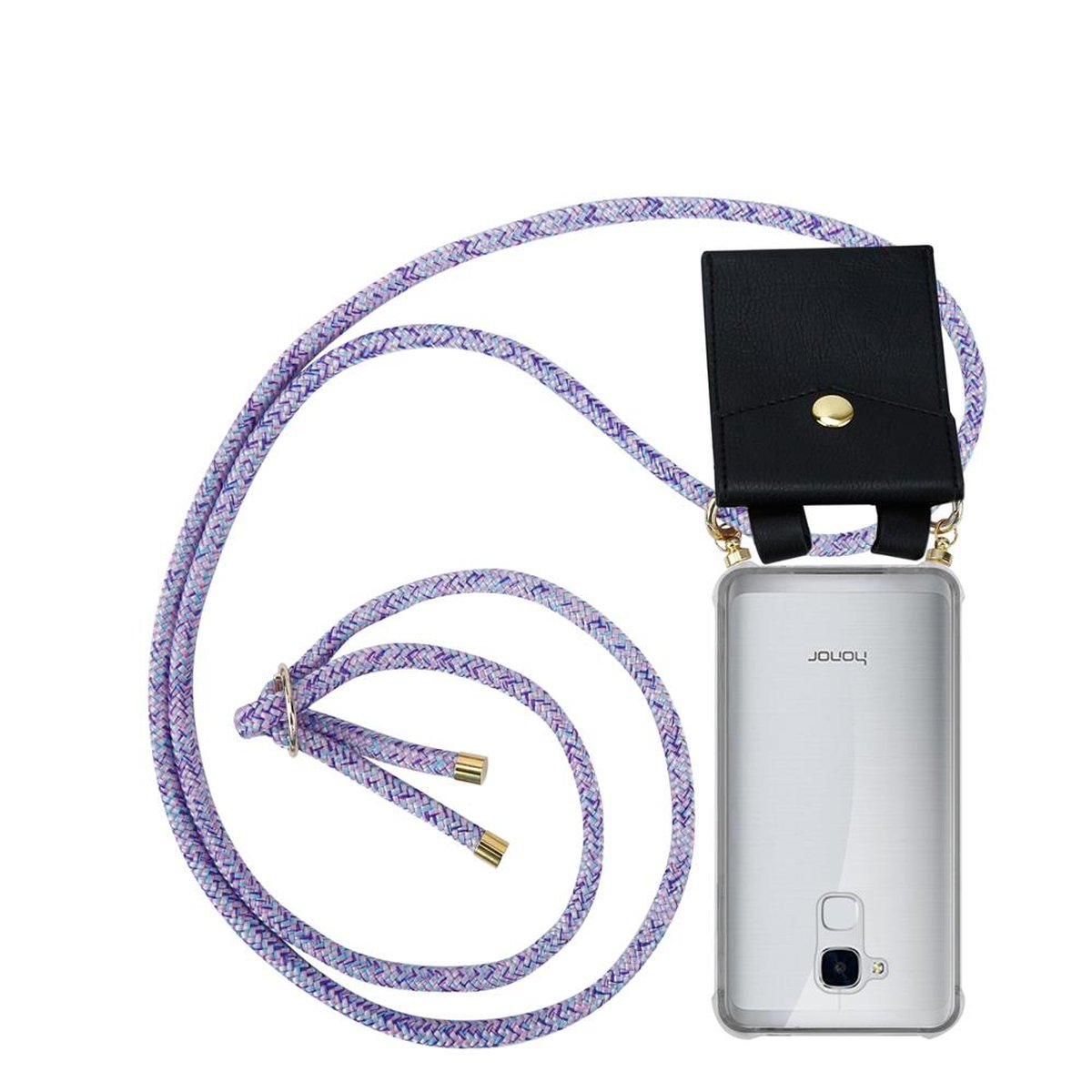 Telefon mit lila Kabel. Schwarzes Lederetui mit goldenem Knopf.