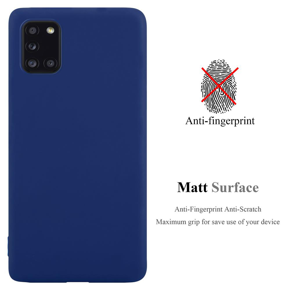 Una custodia blu per telefono con una superficie anti-impronta e un simbolo di impronta digitale sbarrato.