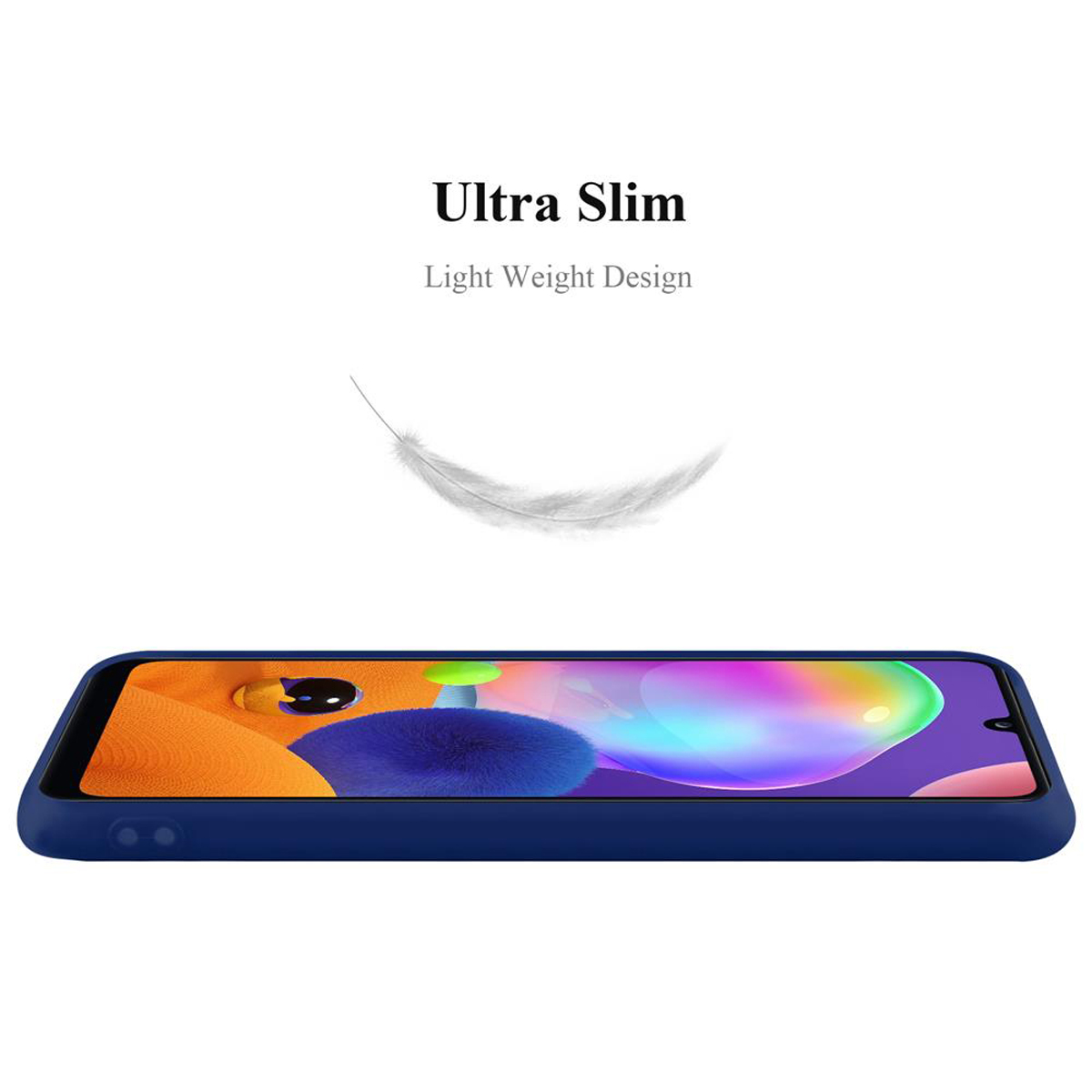 Custodia blu per telefono con illustrazione di piuma e testo: Ultra Slim, Light Weight Design.