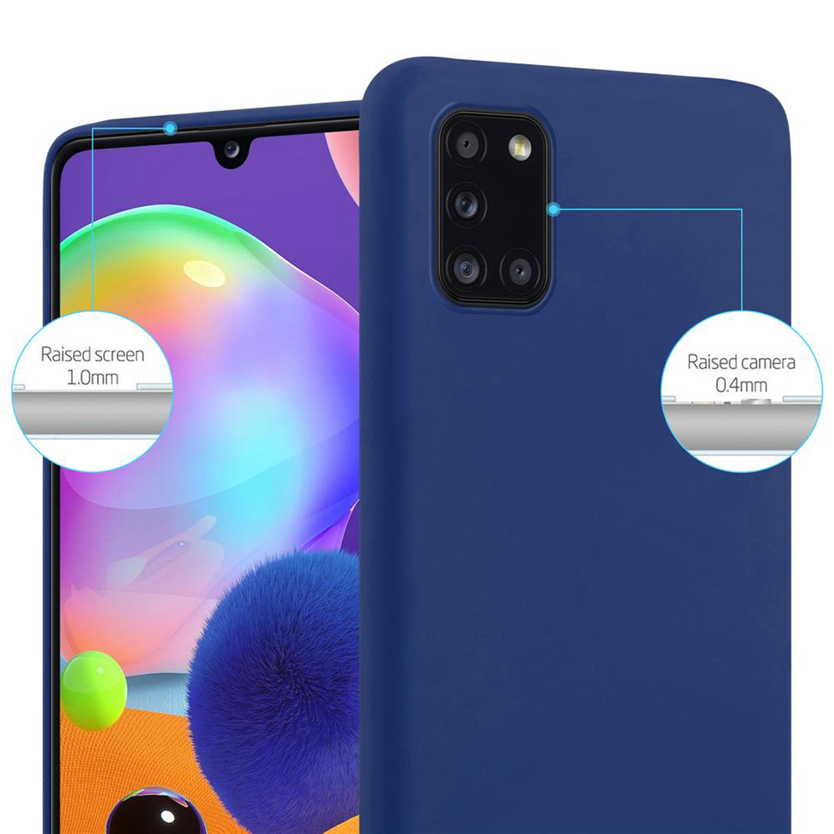 Due custodie blu, una con un telefono dentro. I diagrammi mostrano lo schermo e la fotocamera rialzati.