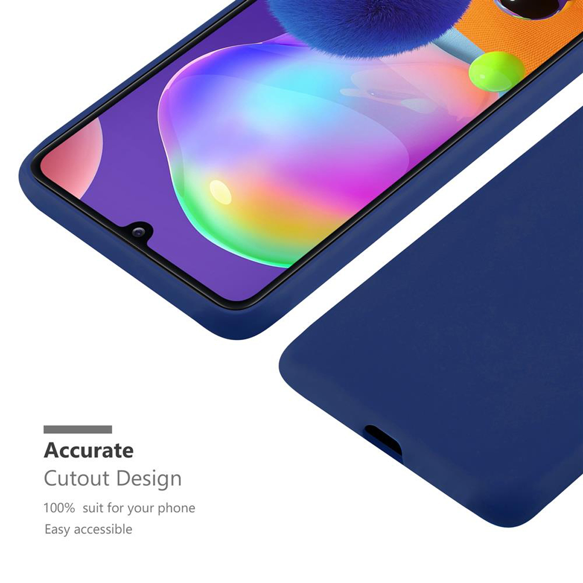 Custodia per telefono blu scuro con telefono all'interno. Il testo indica un design di ritaglio preciso. Sfondo bianco.