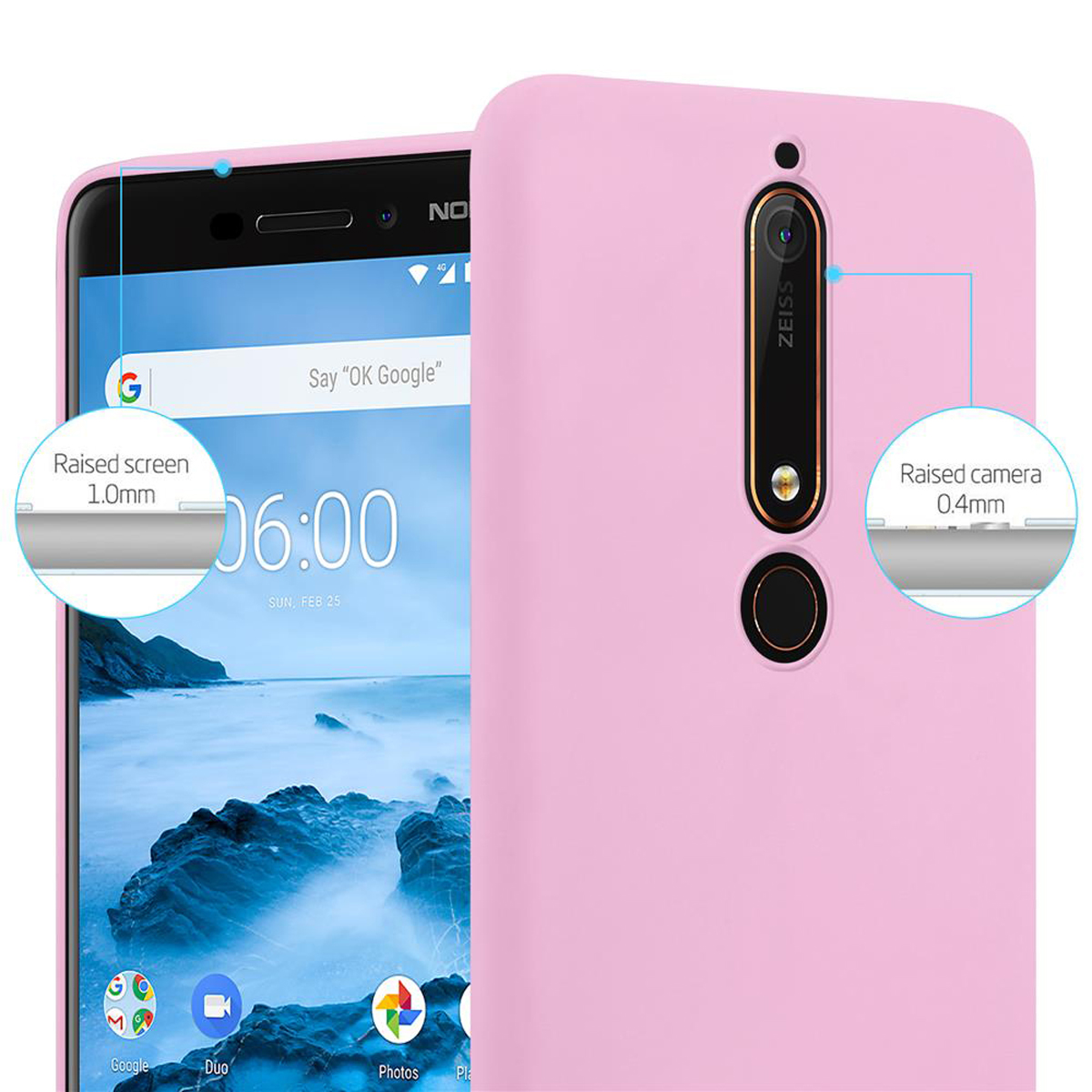 Custodia rosa per telefono con telefono. Dettagli schermo e fotocamera rialzati. Sfondo bianco.