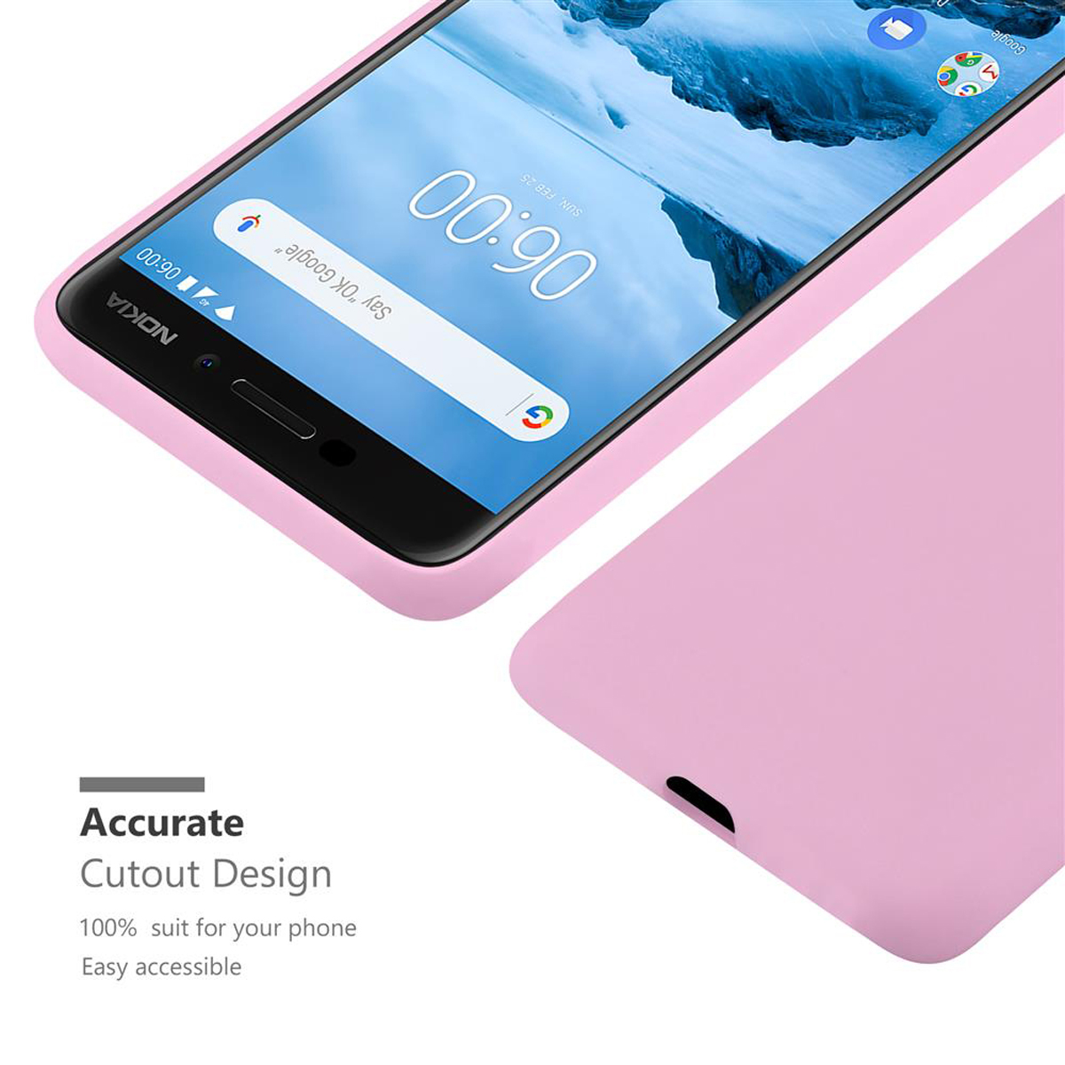 Custodia rosa su un telefono. Lo schermo mostra l'ora.