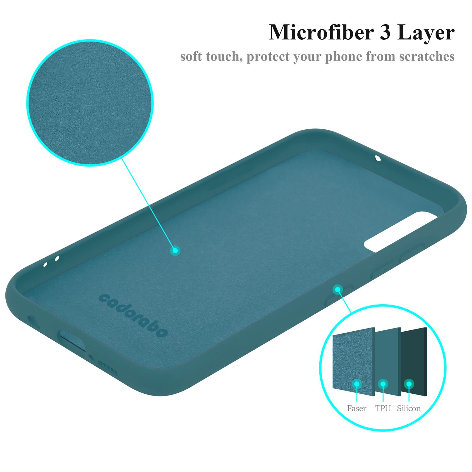 Türkisfarbene Handyhülle mit Schichtdiagramm, das Faser-, TPU- und Silikonmaterialien zeigt, weißer Hintergrund.