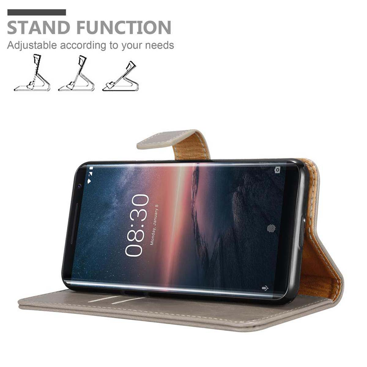 Ein Telefon in einer Flip Case, offen und aufgestellt. Die Hülle hat eine Standfunktion. Der Bildschirm ist an und zeigt die Zeit.