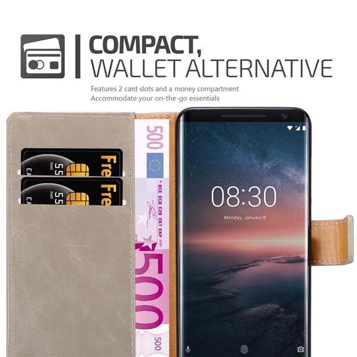 Geldbörsen-Handyhülle. Mit 2 Kartenfächern und einem Geldfach. Telefon und Karte.