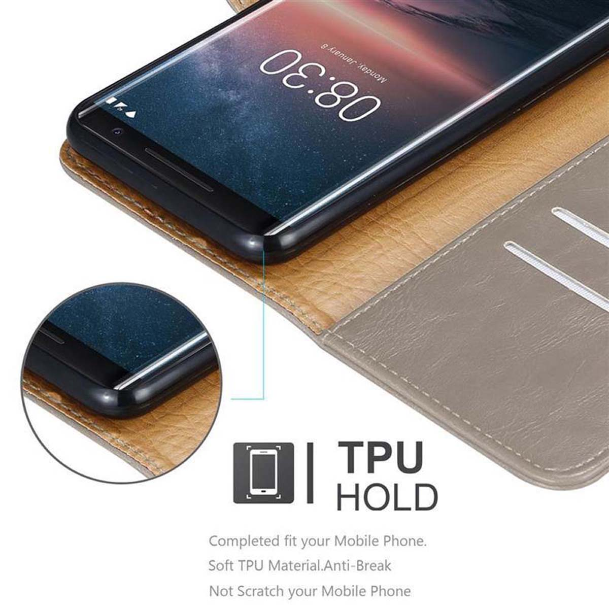 Schwarzes Telefon in einer braunen Lederhülle, mit Text 'TPU HOLD'. Beige und grauer Hintergrund.