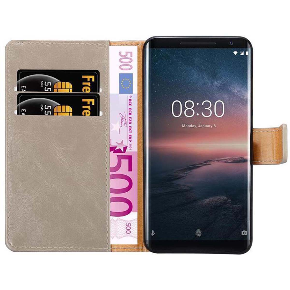 Ein Telefon in einer Leder-Geldbörsenhülle mit einem 500-Euro-Schein und Kreditkarten. Die Uhrzeit ist 08:30.