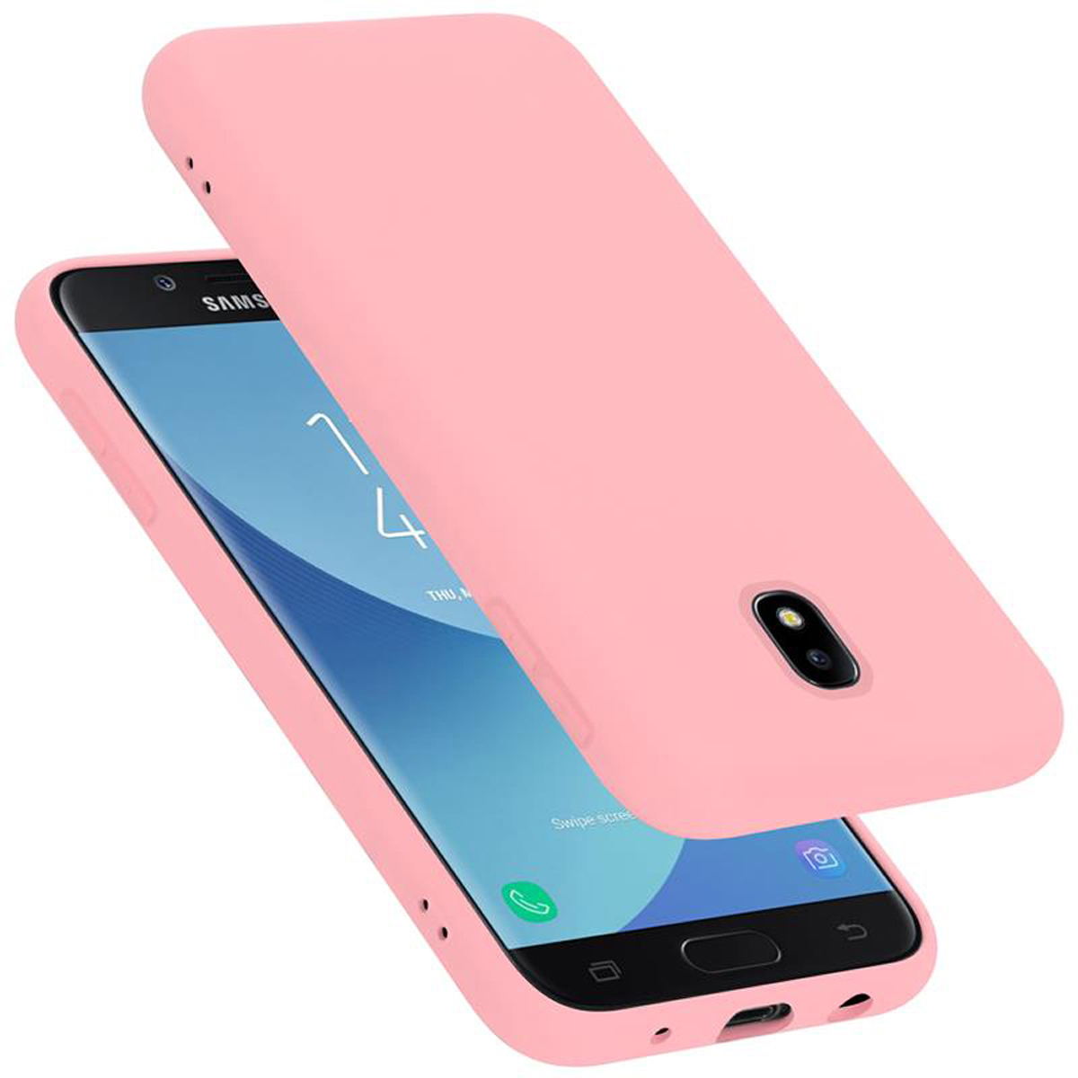 Telefono rosa con custodia rosa. Vista frontale e laterale, schermo e fotocamera.