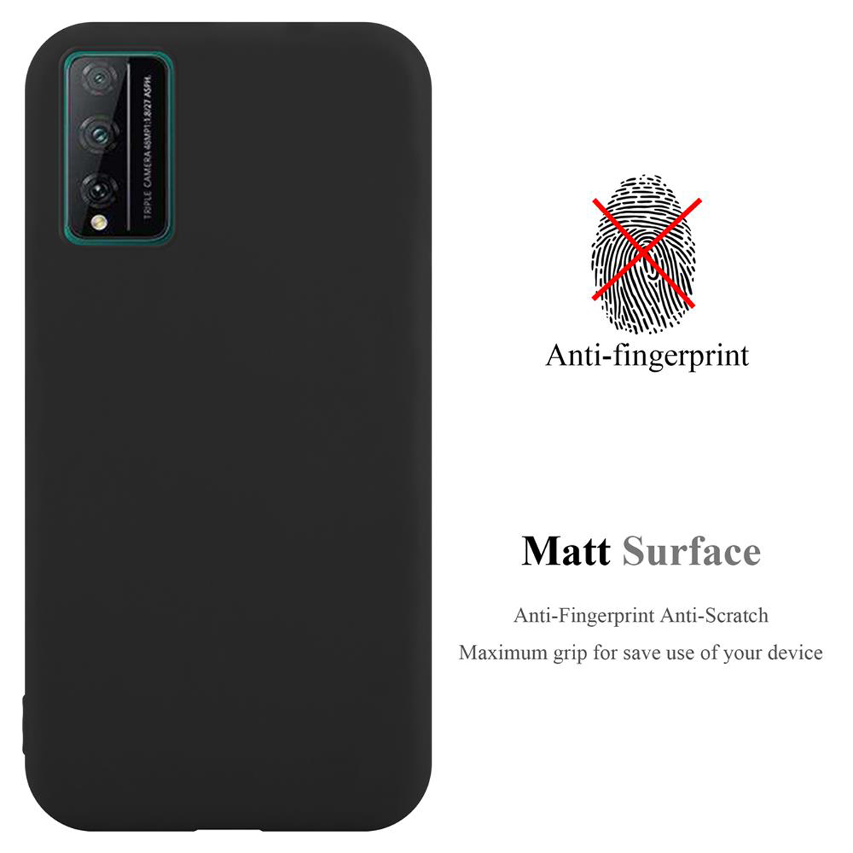 Schwarze Handyhülle mit Text: Anti-Fingerabdruck, Matt-Oberfläche, Anti-Kratzer, Maximaler Halt. Kein Fingerabdruck.