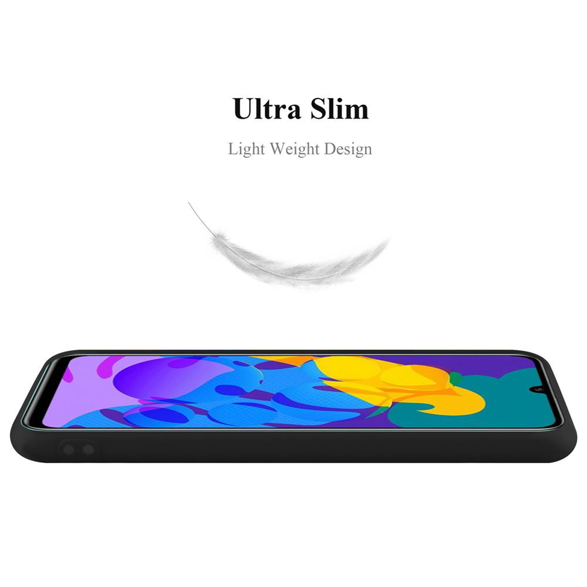 Eine schwarze Handyhülle. Text sagt 'Ultra Slim Light Weight Design', mit einer Federgrafik.