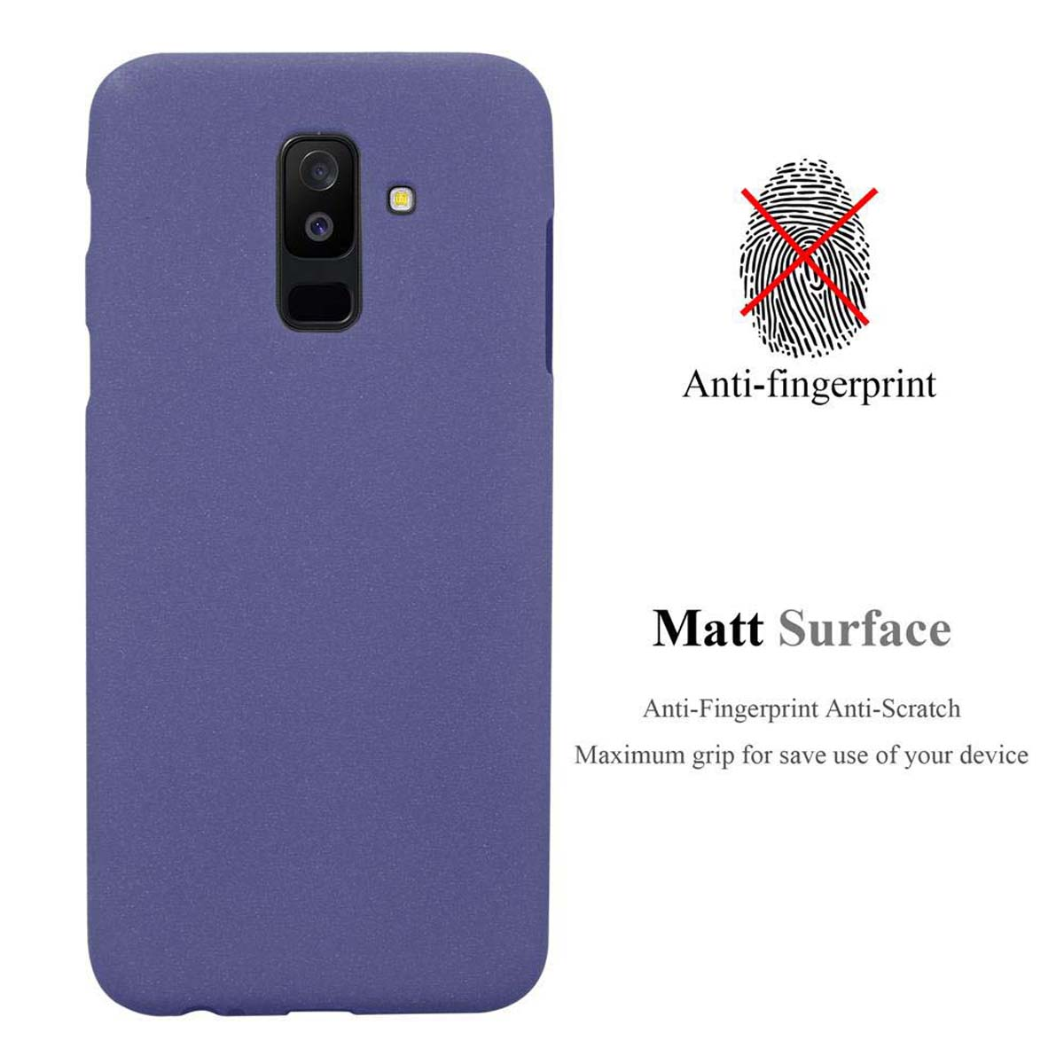 Custodia per telefono viola. Superficie opaca con testo anti-impronte.