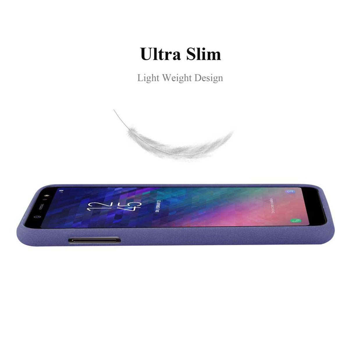 Una custodia per telefono viola su sfondo bianco, con testo 'Ultra Slim' e una piuma.