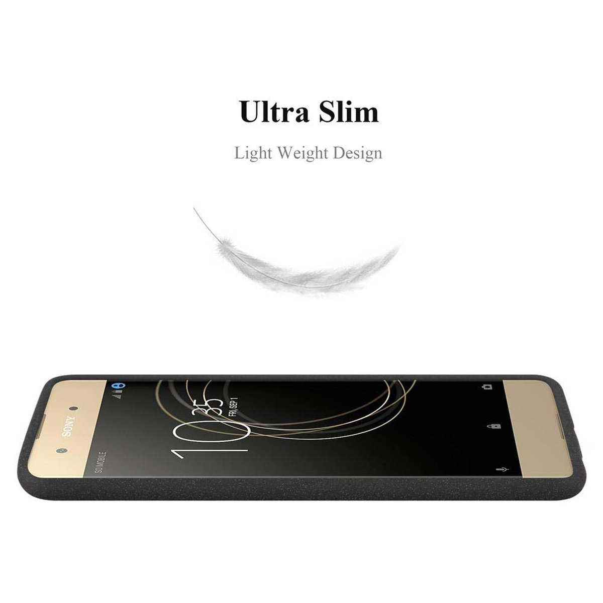 Custodia nera con telefono. Sfondo bianco con testo "Ultra Slim" e una piuma.