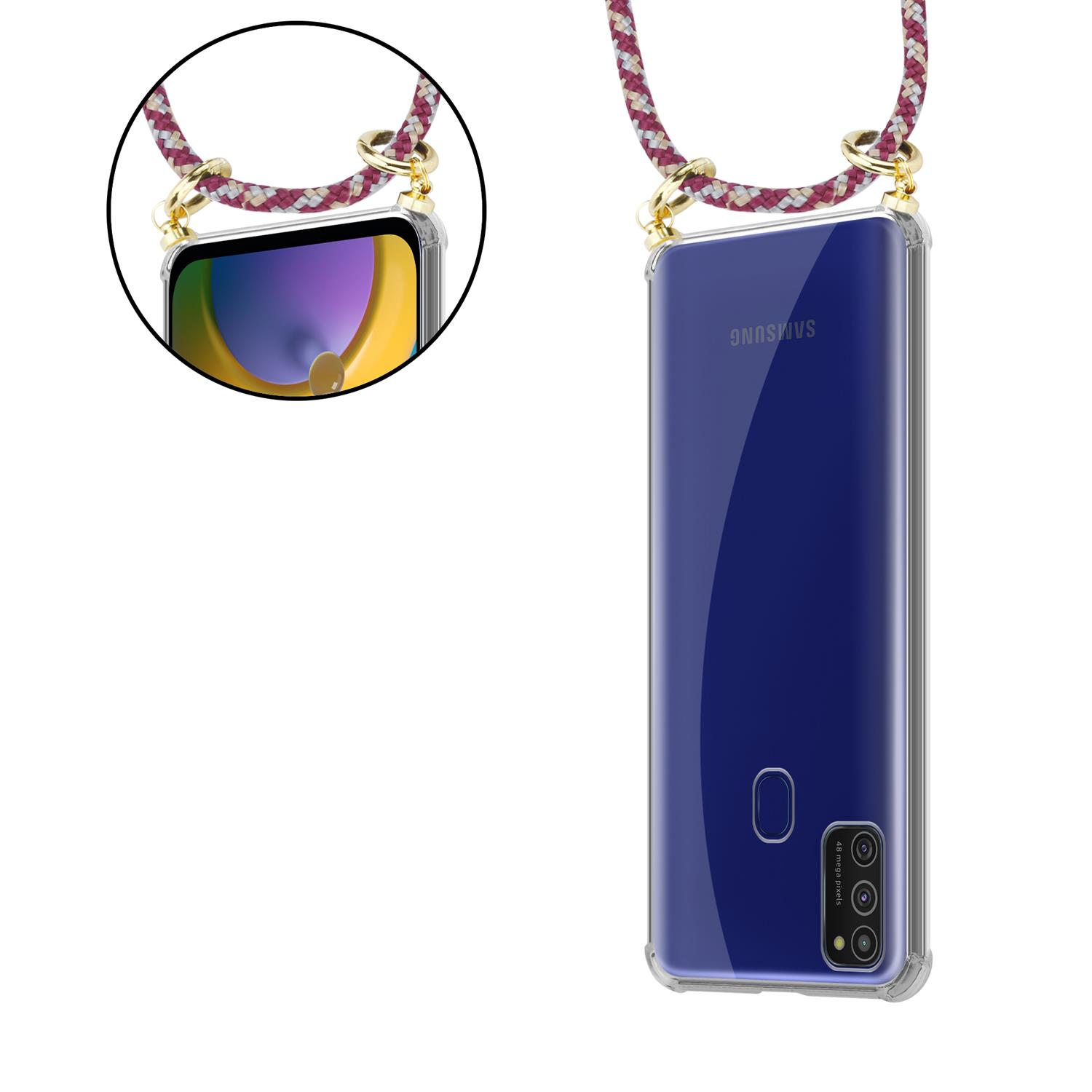 CADORABO Handy Kette mit abnehmbarer Band Galaxy Gold Hülle, Kordel ROT WEIß Backcover, / Ringen, und GELB M30s, M21 Samsung