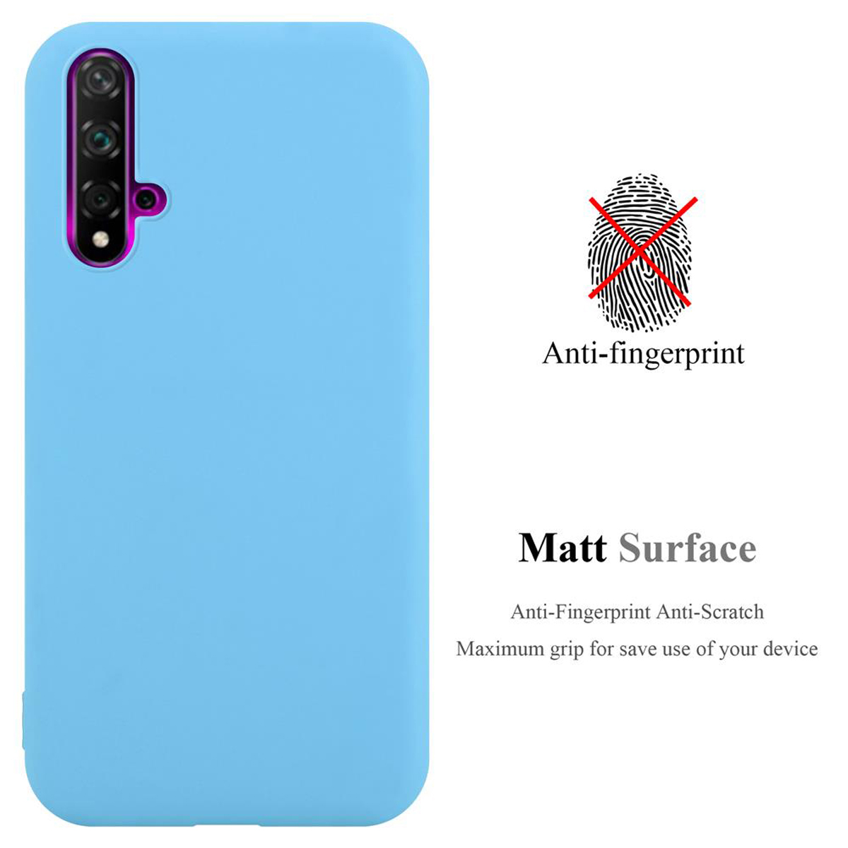 Una custodia per telefono azzurra con fotocamera e simbolo anti-impronta, con testo 'Matt Surface'.