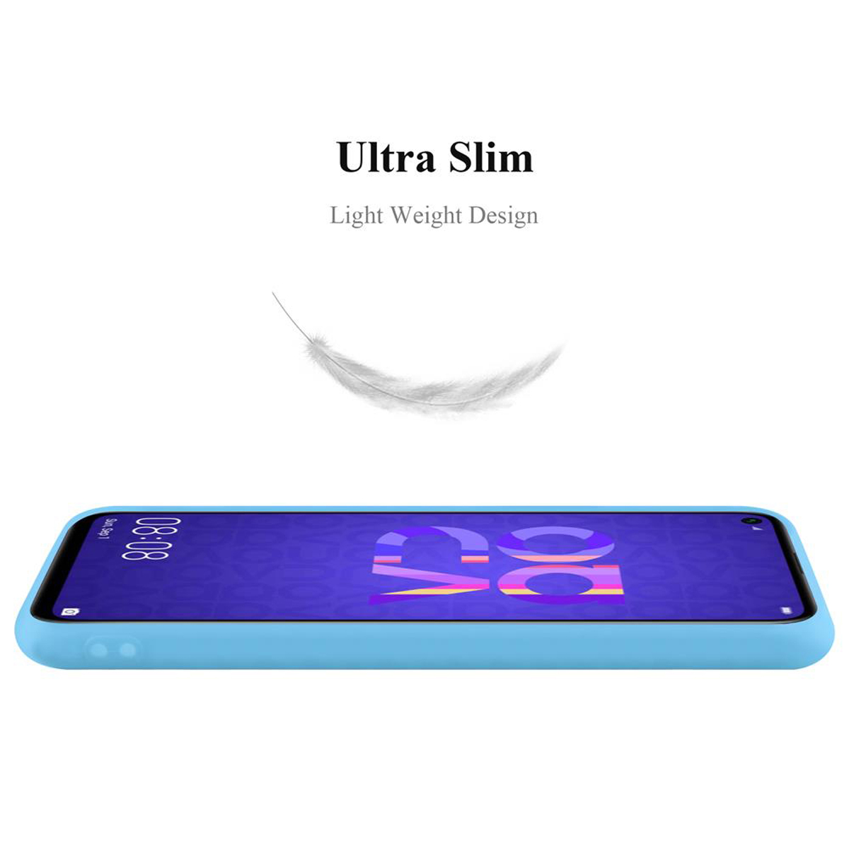 Custodia per telefono azzurra, vista laterale. Testo: Ultra Slim. Design leggero. Piuma bianca.