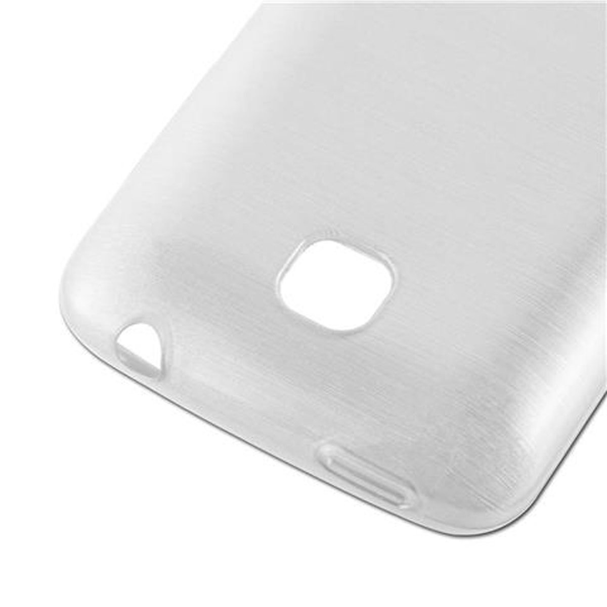 Parte trasera blanca de la funda del teléfono. Agujeros para cámara y funciones.